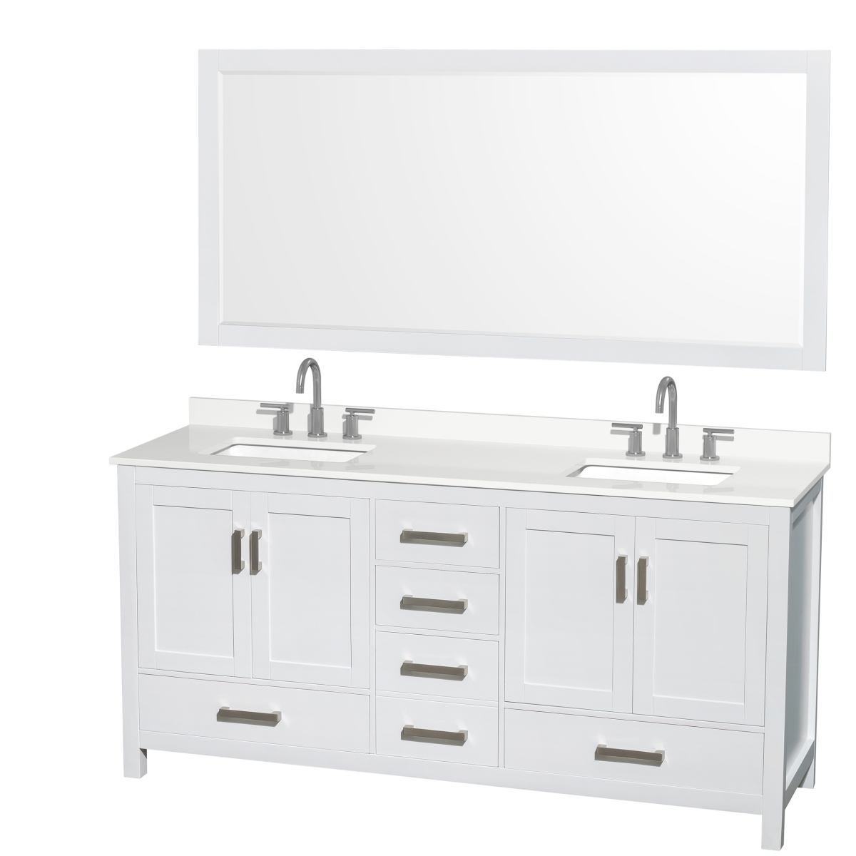 72 in. Sheffield White Quartz Countertop 3-Hole Undermount Square Sinks Double Bathroom Vanity with Brushed Chrome Trim & 70 in. Mirror, White -  Wyndham Collection, WCS141472DWHWQUS3M70