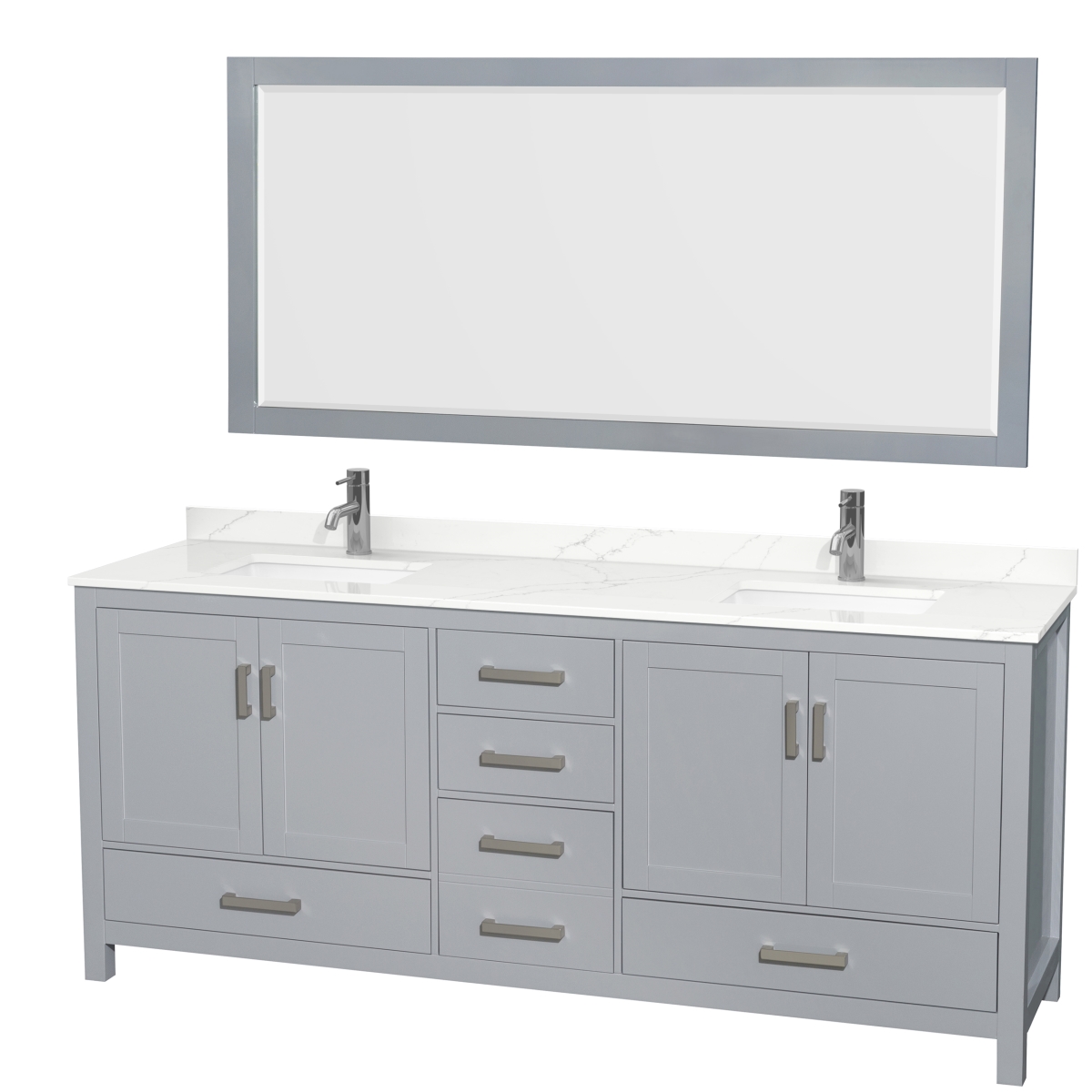 80 in. Sheffield Giotto Quartz Countertop 1-Hole Undermount Square Sinks Double Bathroom Vanity with Brushed Chrome Trim & 70 in. Mirror, Gray -  Wyndham Collection, WCS141480DGYGTUNSM70