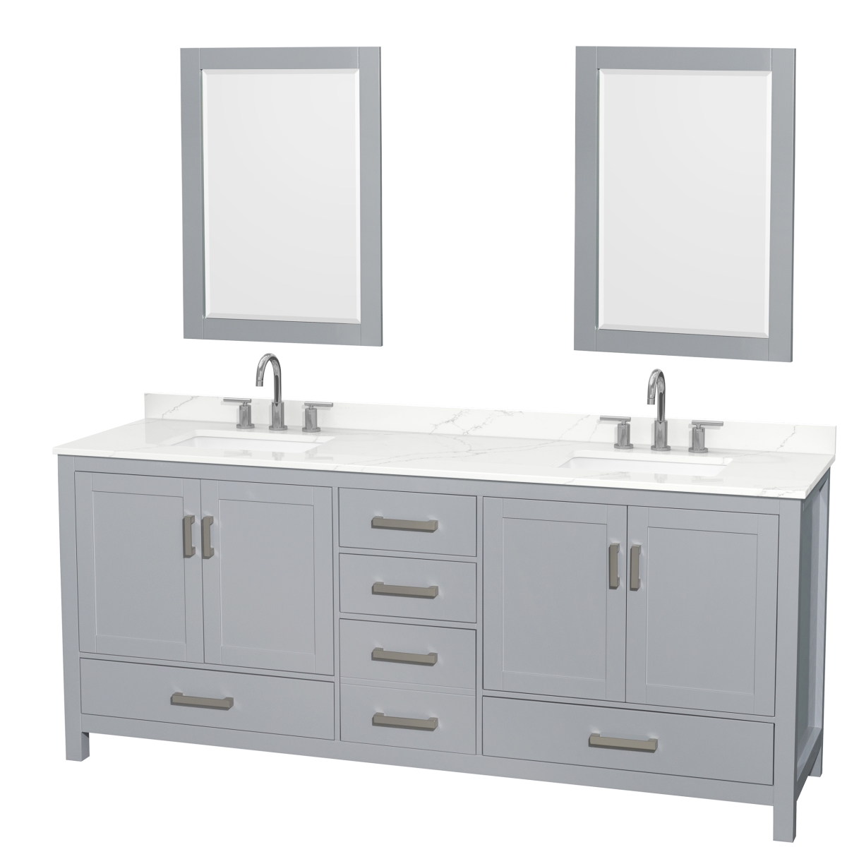 80 in. Sheffield Giotto Quartz Countertop 3-Hole Undermount Square Sinks Double Bathroom Vanity with Brushed Chrome Trim & 24 in. Mirrors, Gray -  Wyndham Collection, WCS141480DGYGTUS3M24