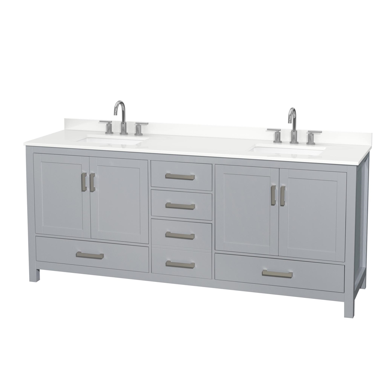 80 in. Sheffield White Quartz Countertop 3-Hole Undermount Square Sinks Double Bathroom Vanity with Brushed Chrome Trim, Gray -  Wyndham Collection, WCS141480DGYWQUS3MXX