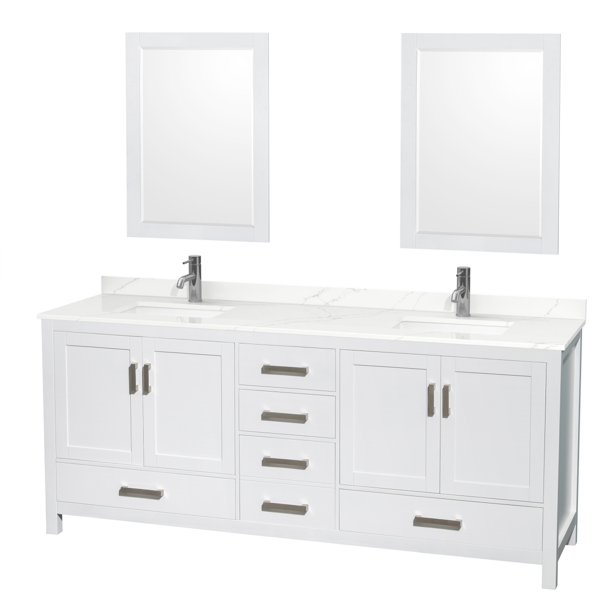 80 in. Sheffield Giotto Quartz Countertop 1-Hole Undermount Square Sinks Double Bathroom Vanity with Brushed Chrome Trim & 24 in. Mirrors, White -  Wyndham Collection, WCS141480DWHGTUNSM24