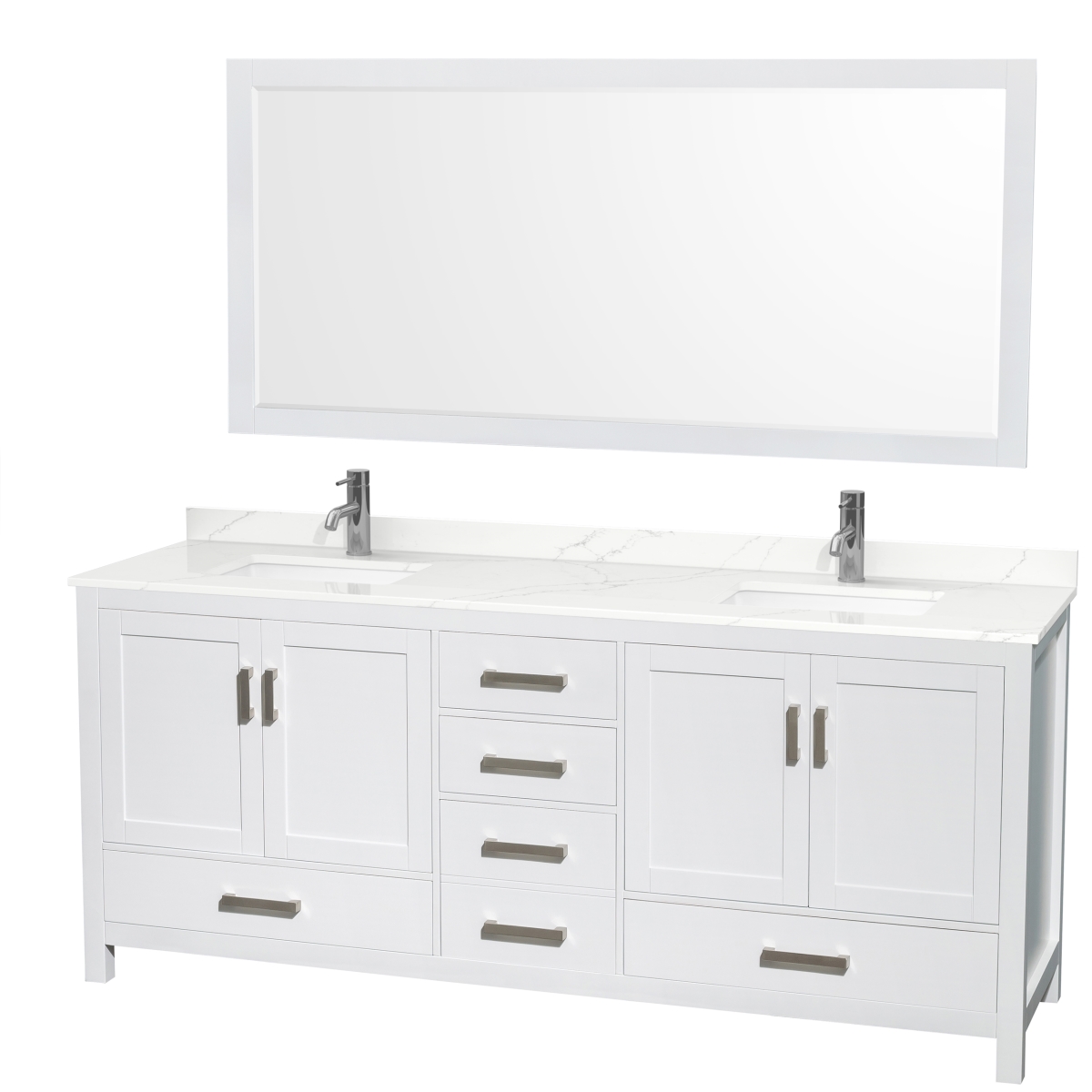 80 in. Sheffield Giotto Quartz Countertop 1-Hole Undermount Square Sinks Double Bathroom Vanity with Brushed Chrome Trim & 70 in. Mirror, White -  Wyndham Collection, WCS141480DWHGTUNSM70