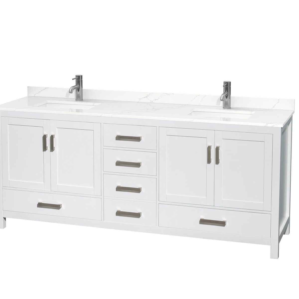 80 in. Sheffield Giotto Quartz Countertop 1-Hole Undermount Square Sinks Double Bathroom Vanity with Brushed Chrome Trim, White -  Wyndham Collection, WCS141480DWHGTUNSMXX