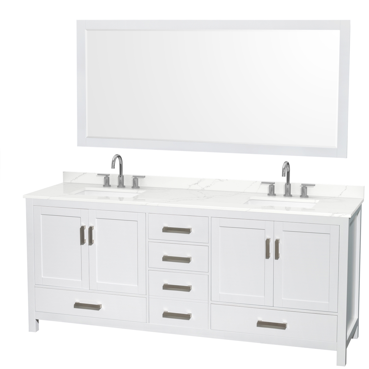 80 in. Sheffield Giotto Quartz Countertop 3-Hole Undermount Square Sinks Double Bathroom Vanity with Brushed Chrome Trim & 70 in. Mirror, White -  Wyndham Collection, WCS141480DWHGTUS3M70