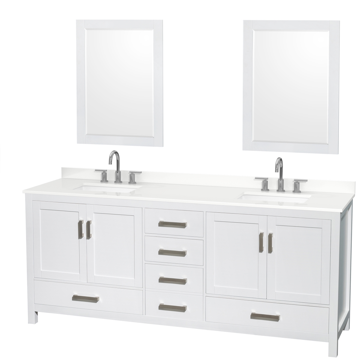 80 in. Sheffield White Quartz Countertop 3-Hole Undermount Square Sinks Double Bathroom Vanity with Brushed Chrome Trim & 24 in. Mirrors, White -  Wyndham Collection, WCS141480DWHWQUS3M24