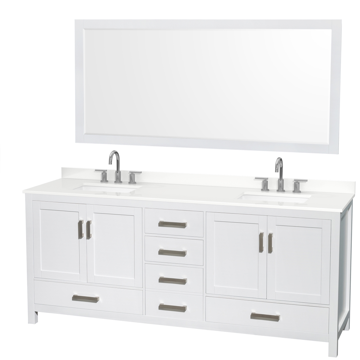 80 in. Sheffield White Quartz Countertop 3-Hole Undermount Square Sinks Double Bathroom Vanity with Brushed Chrome Trim & 70 in. Mirror, White -  Wyndham Collection, WCS141480DWHWQUS3M70