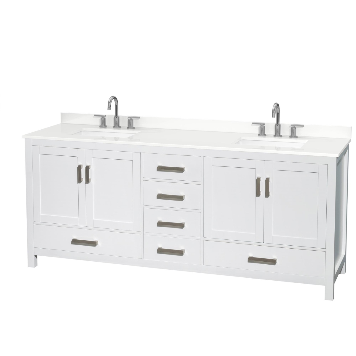 80 in. Sheffield White Quartz Countertop 3-Hole Undermount Square Sinks Double Bathroom Vanity with Brushed Chrome Trim, White -  Wyndham Collection, WCS141480DWHWQUS3MXX