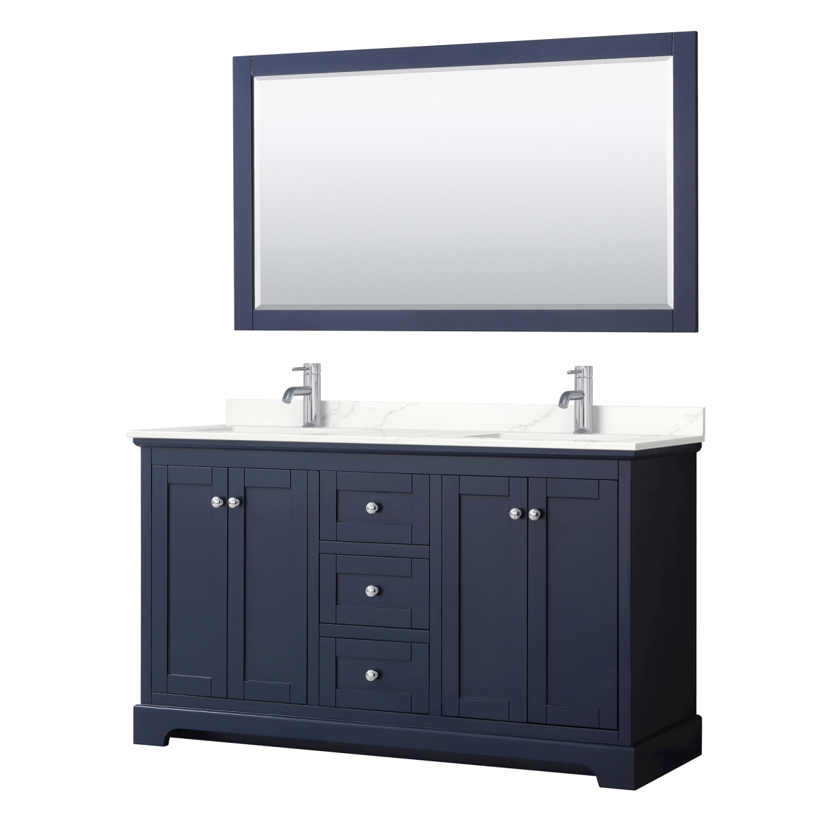 60 in. Avery Giotto Quartz Countertop 1-Hole Undermount Square Sinks Double Bathroom Vanity with Polished Chrome Trim & 58 in. Mirror, Dark Blue -  Wyndham Collection, WCV232360DBCGTUNSM58