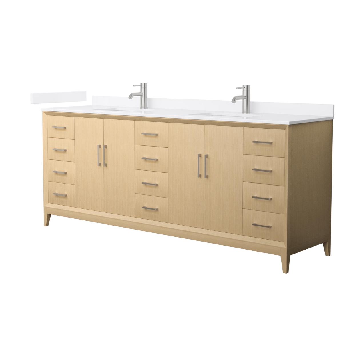 Picture of Wyndham Collection WCH757584DHOWQUNSMXX 84 in. Janna Double Bathroom Vanity&#44; Quartz Countertop&#44; Under Mount Square Sinks 1-Hole&#44; Trim - White Oak&#44; White & Brushed Nickel