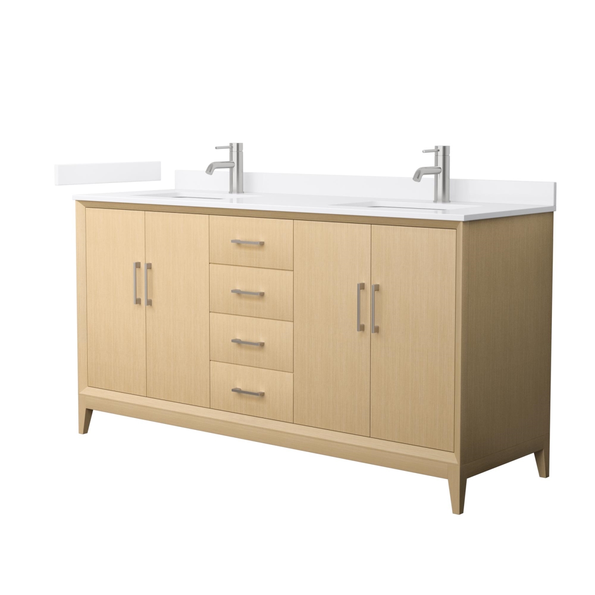 Picture of Wyndham Collection WCH757566DHOWQUNSMXX 66 in. Janna Double Bathroom Vanity&#44; Quartz Countertop&#44; Under Mount Square Sinks 1-Hole&#44; Trim - White Oak&#44; White & Brushed Nickel