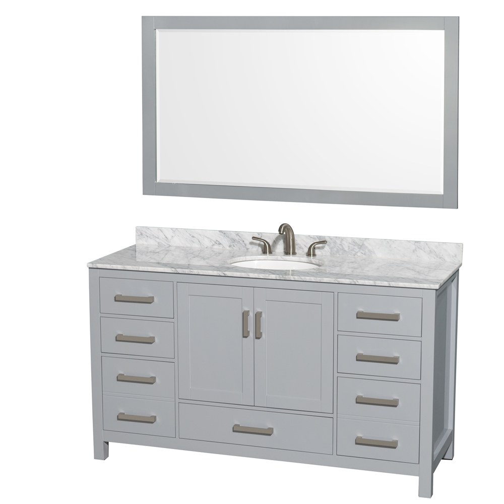 WCS141460SGYCMUNOM58 60 in. Sheffield Single Bathroom Vanity in Gray with White Carrera Marble Countertop, Undermount Oval Sink & 58 in. Mirror -  Wyndham Collection