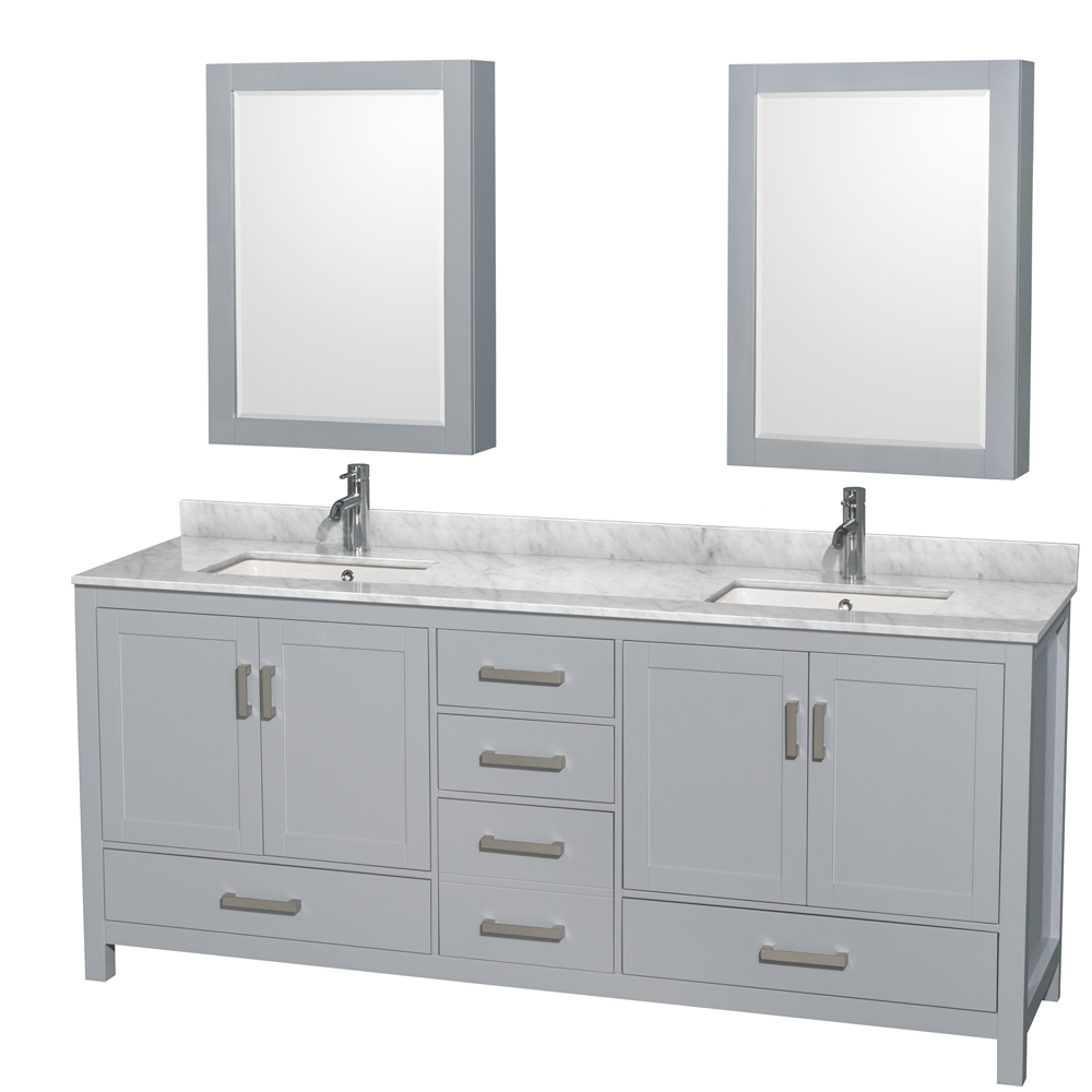 WCS141480DGYCMUNOMED 80 in. Sheffield Double Bathroom Vanity in Gray with White Carrera Marble Countertop, Undermount Oval Sink & Medicine Cabinets -  Wyndham Collection