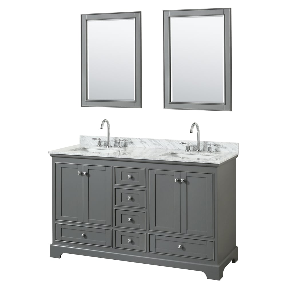 WCS202060DKGCMUNSM24 60 in. Double Bathroom Vanity, White Carrara Marble Countertop, Undermount Square Sink & 24 in. Mirrors - Dark Gray -  Wyndham Collection