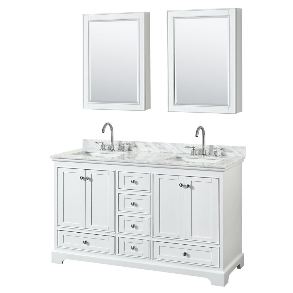 WCS202060DWHCMUNSMED 60 in. Double Bathroom Vanity, White Carrara Marble Countertop, Undermount Square Sink & Medicine Cabinets - White -  Wyndham Collection