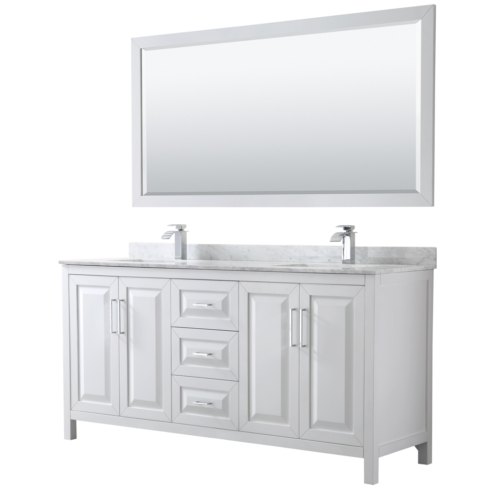 WCV252572DWHCMUNSM70 72 in. Double Bathroom Vanity In Carrara Marble Countertop & Undermount Square Sinks & 70 in. Mirror, White -  Wyndham Collection