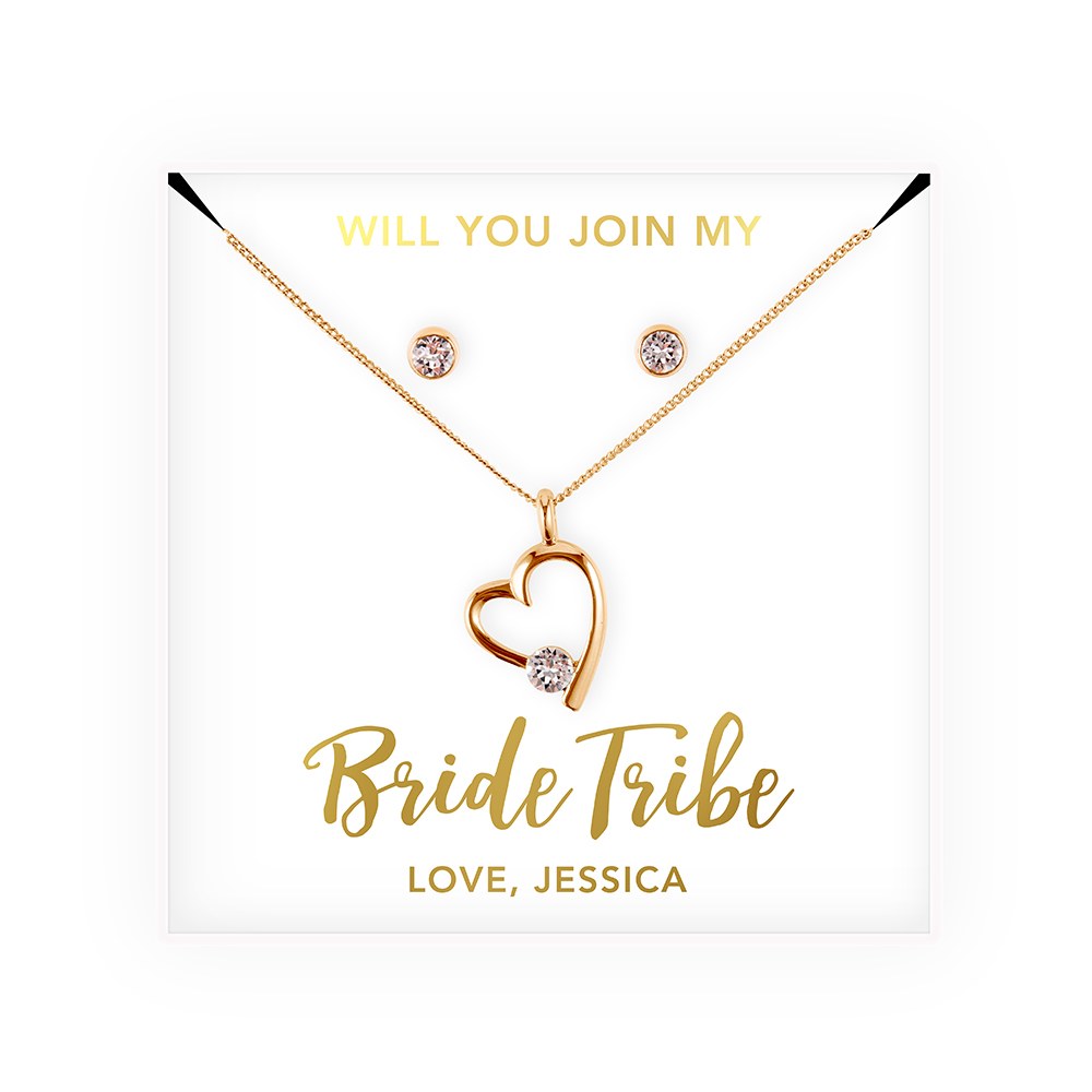 Picture of Weddingstar T401-55-1285-171-c55 Personalized Bridal Party Heart & Crystal Jewelry Gift Set - Bride Tribe&#44; Gold