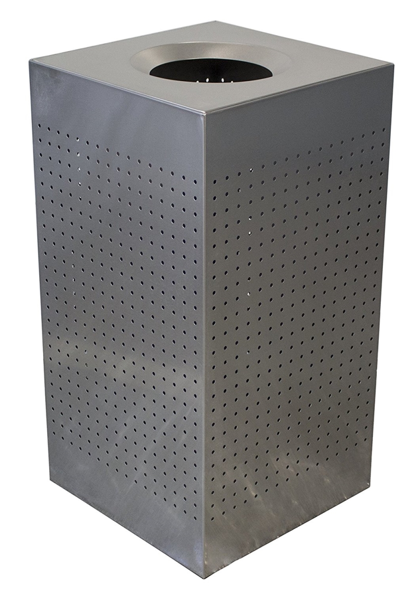 Square Waste Receptacle with Perforated Holes, Bag Retainger Bands - Brushed Stainless Steel