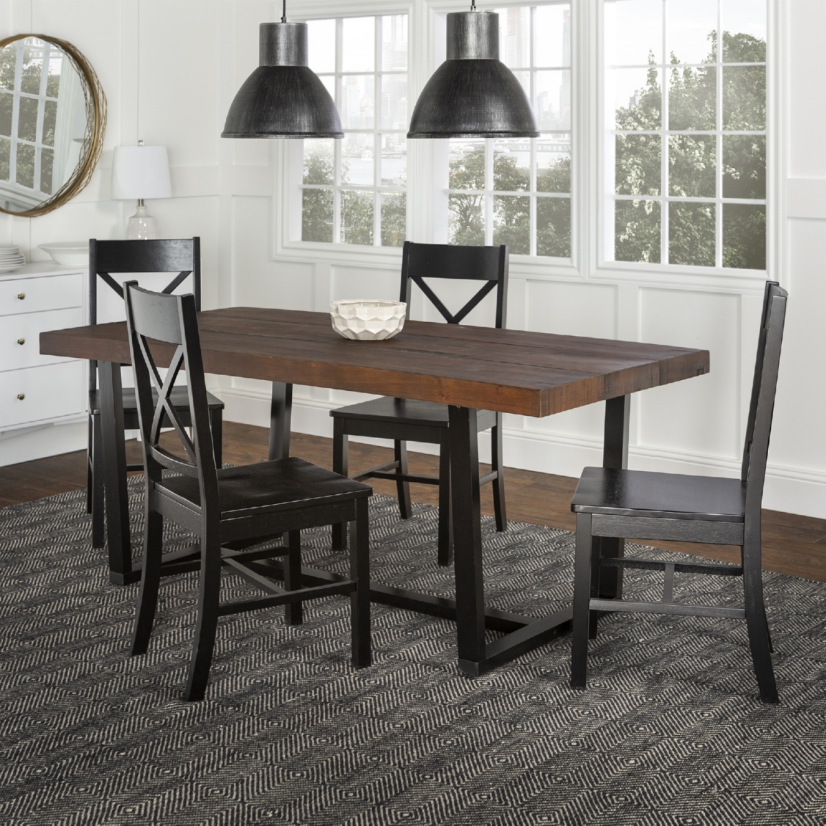 Walker Edison Furniture C72DSTRMBL-5 5 Piece Farmhouse Dining Set, Mahogany & Black