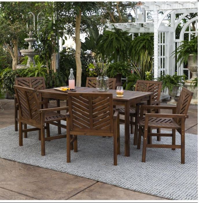 Walker Edison Furniture OW7DGVINDB 7 Piece Chevron Outdoor Patio Dining Set, Dark Brown