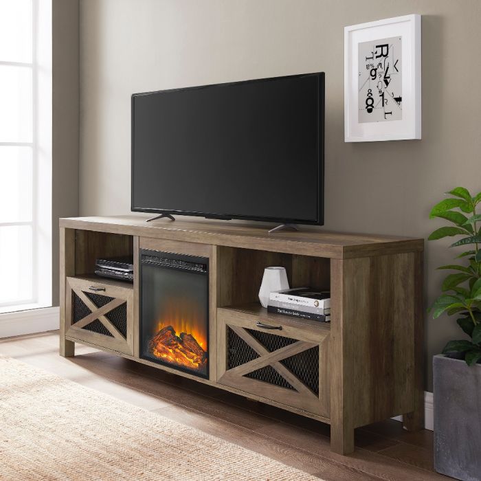 Walker Edison Furniture  Rustic Farmhouse Fireplace TV Stand, Grey Wash - 25 x 16 x 70 in -  Walker Edison Furniture Co, WA1072397