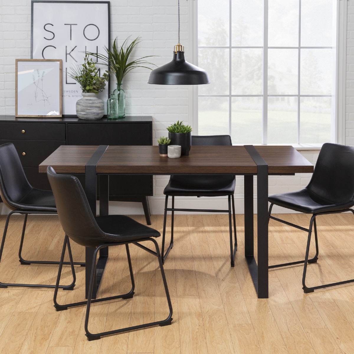 Walker Edison G60UBTDW Urban Blend with Faux Leather Dining Chairs, Dark Walnut & Black - 5 Piece