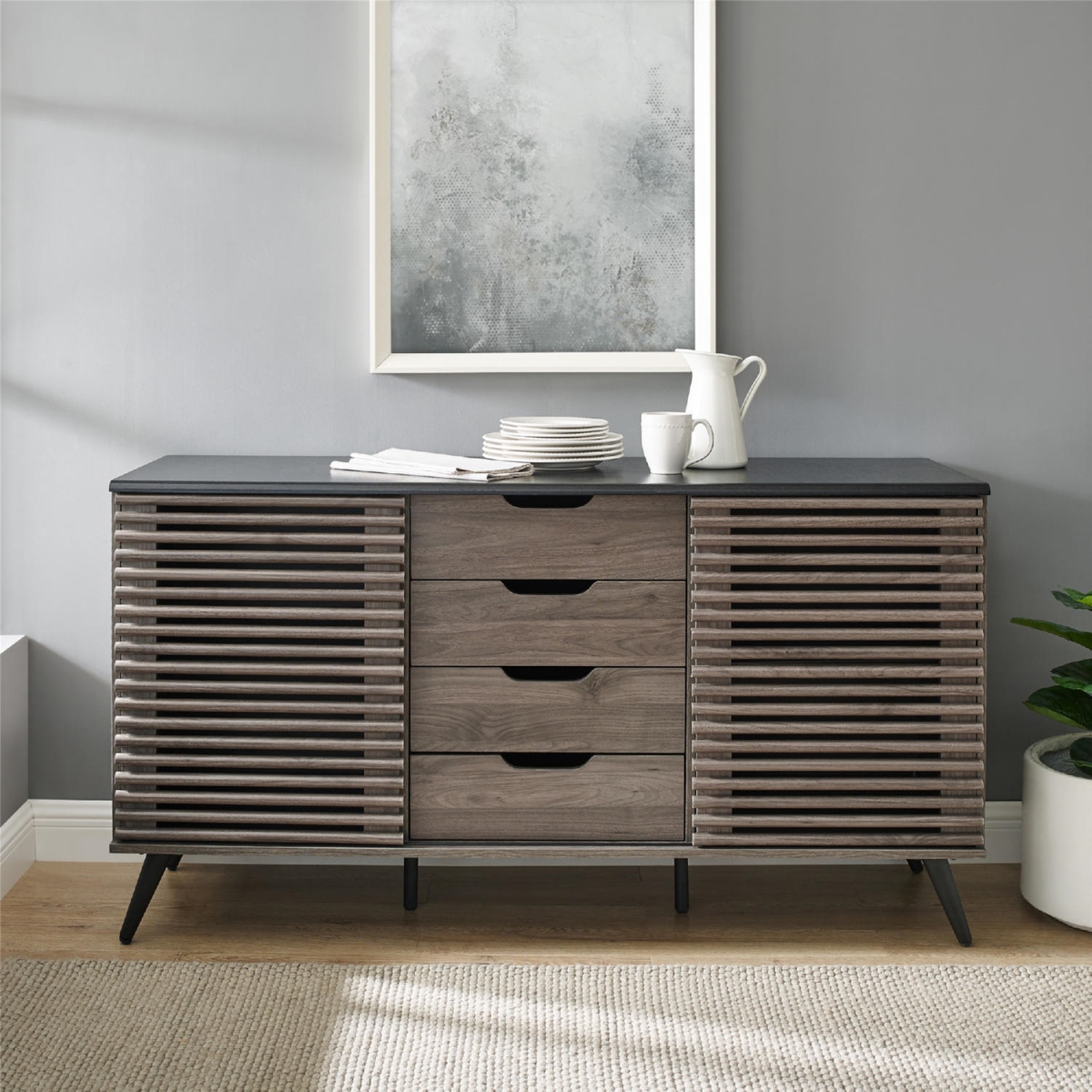 59in. Havana Sliding Door Sideboard - Ebony & Slate Grey - Modern Design