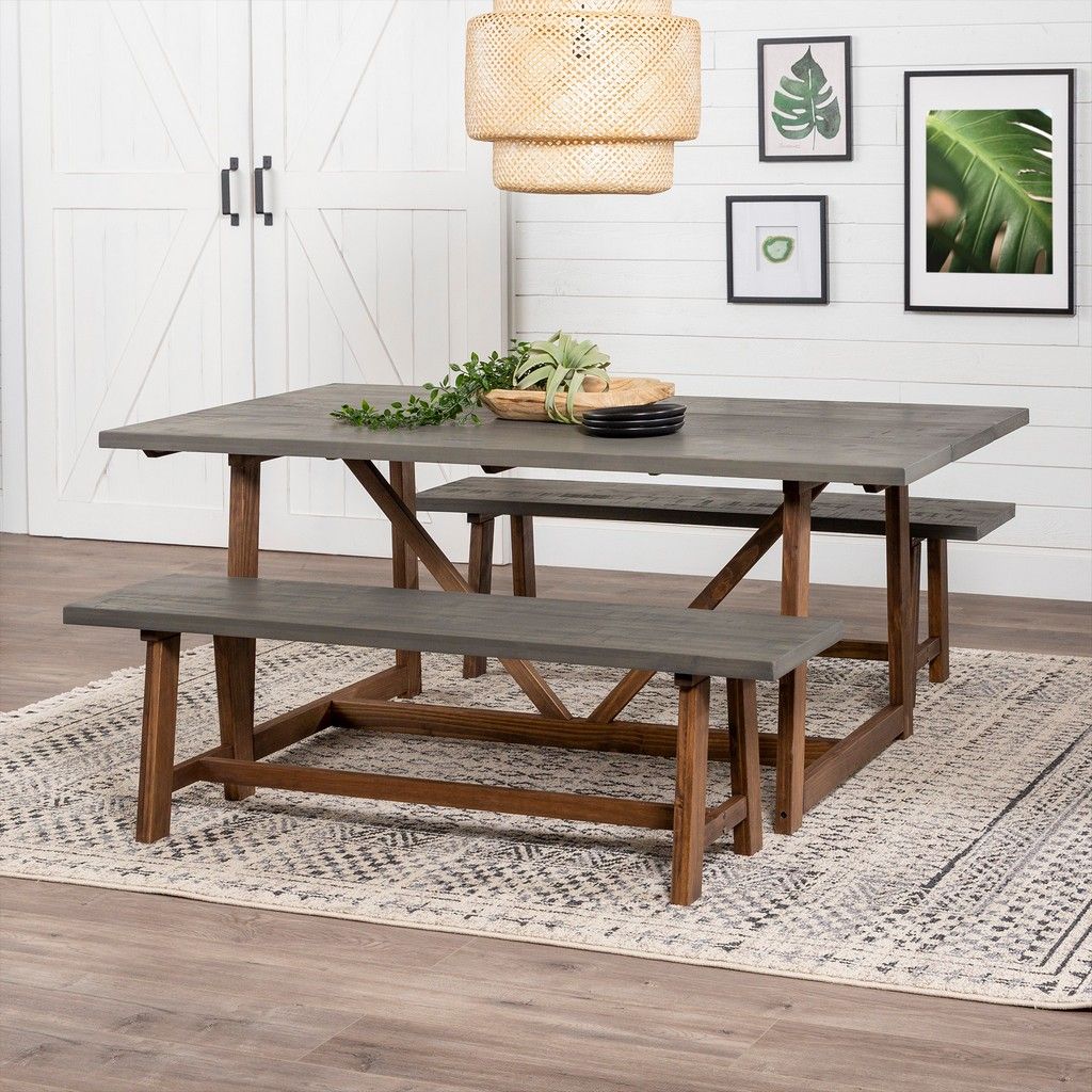 Walker Edison GTW72BRSW3PCGY Brennan Solid Wood Trestle Dining Group Set, Grey & Brown - 3 Piece