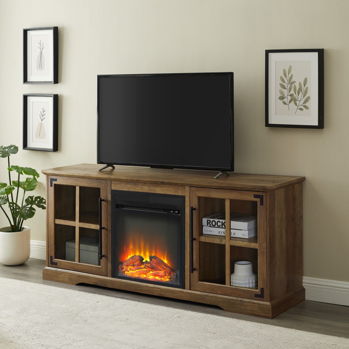 Picture of Walker Edison W60FPABGRO 60 in. 2 Door Fireplace Console&#44; Reclaimed Barnwood