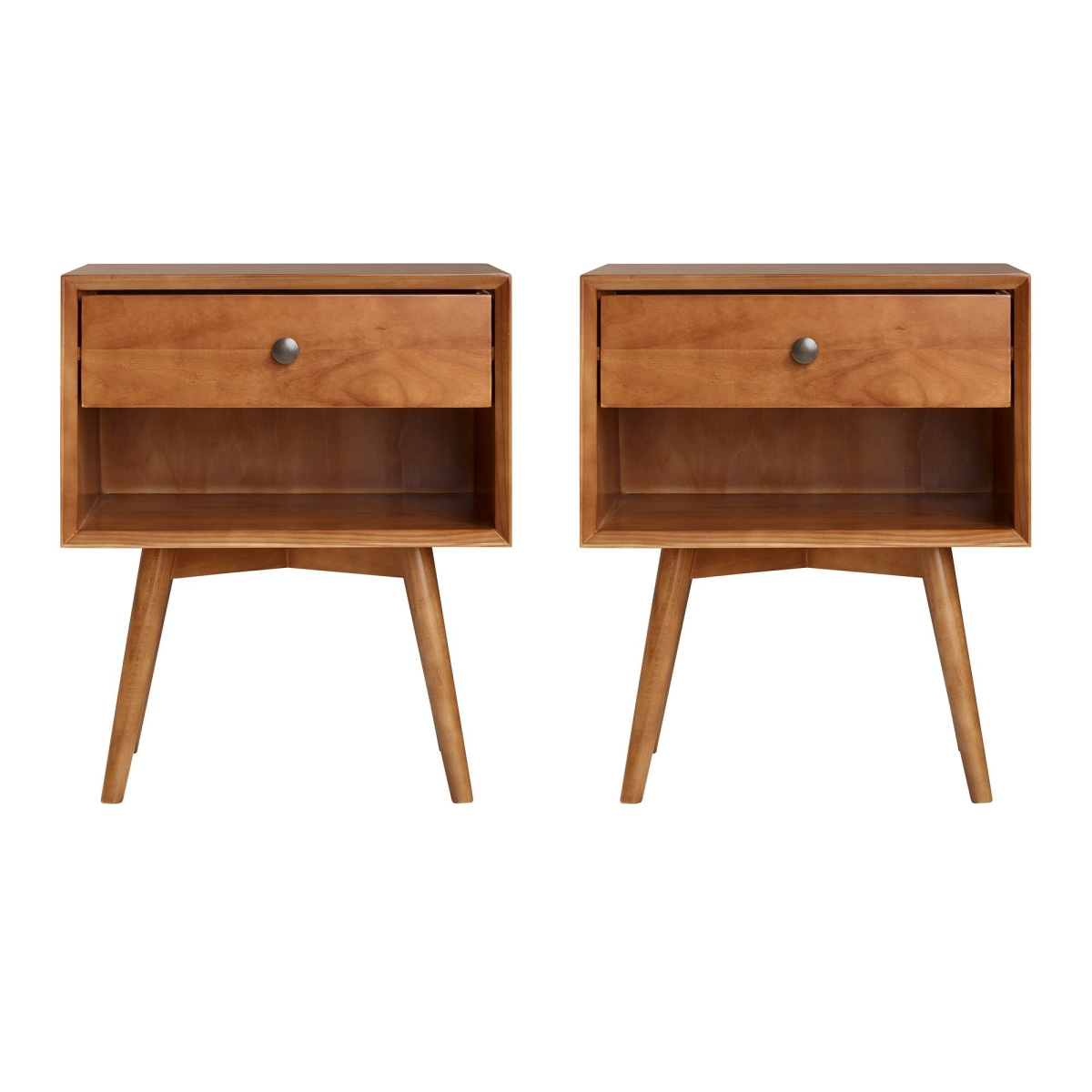 Walker Edison BR25MC1DCA-2PK 1-Drawer Mid-Century Solid Wood Nightstand, Caramel - Pack of 2 -  Walker Edison Furniture Co