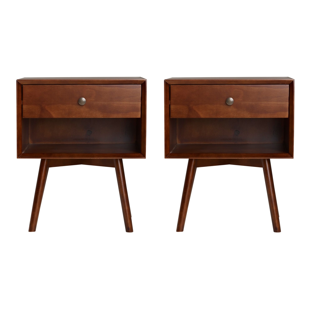 WalkerEdison BR25MC1DWT-2PK 1 Drawer Mid-Century Solid Wood Nightstand, Walnut - 2 Piece