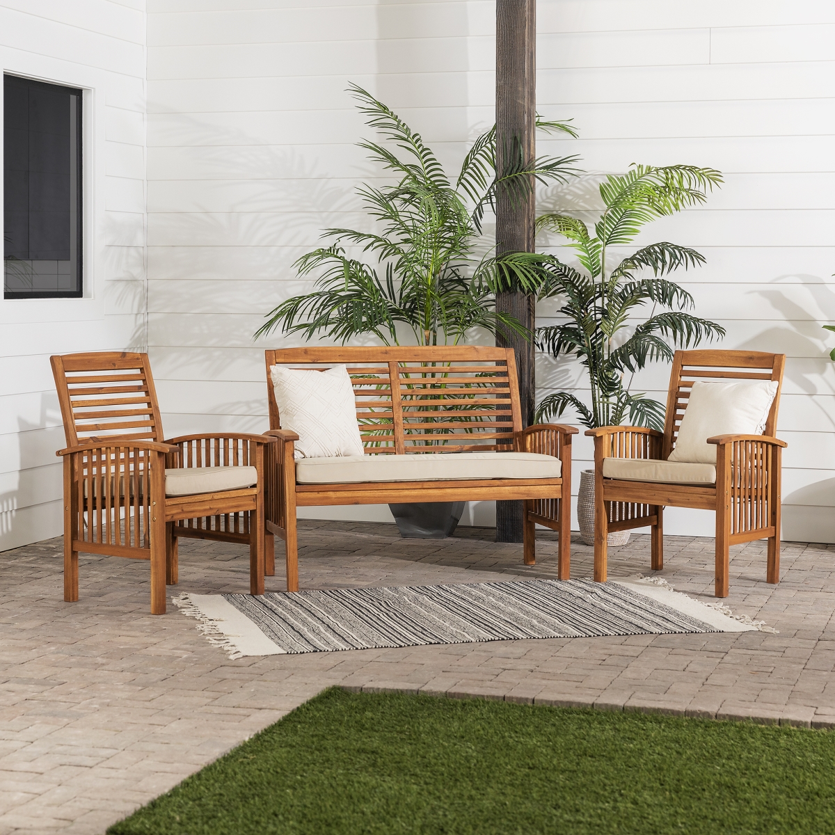 Walker Edison GOWCHAT3PCBR Acacia Patio Chat Set, Brown - 3 Piece
