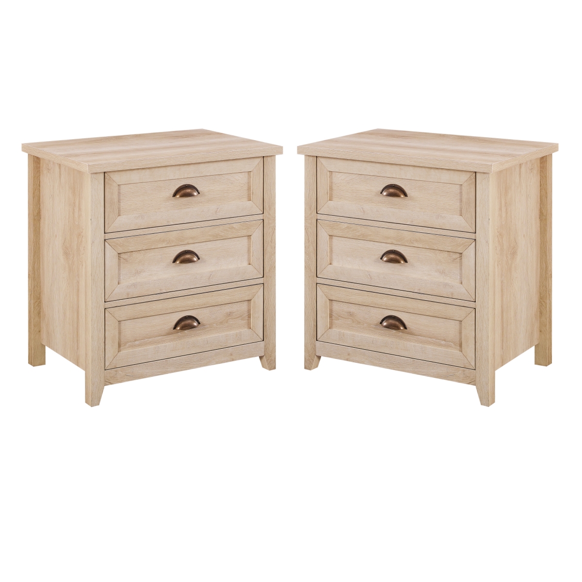 Walker Edison BR3DODDNSWO-2PK Odette 3 Drawer Framed Nightstand Set, White Oak