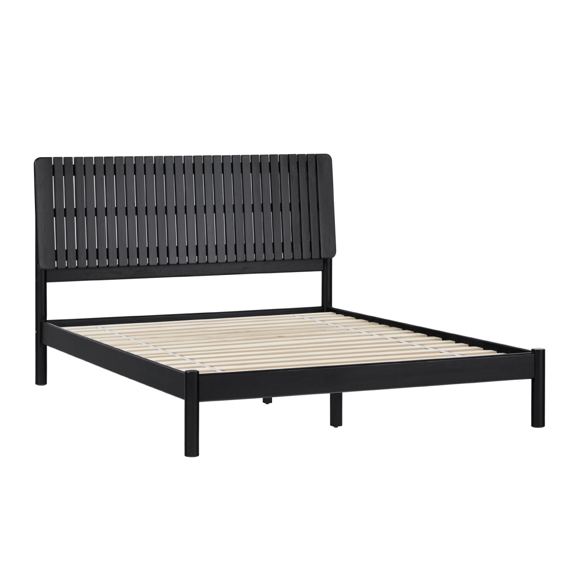Walker Edison CALB5CBL 44.88 x 64.63 x 84.25 in. Slatted Headboard Mid-Century Modern Solid Wood Queen Size Bed, Black