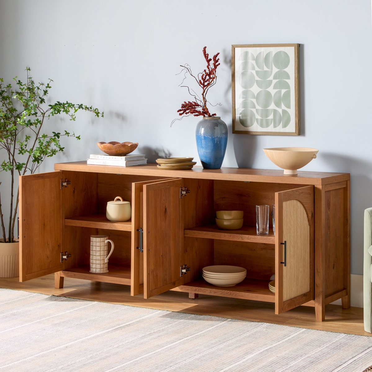 Walker Edison WESAS11704EO1 30 x 15.75 x 70 in. Sasha Modern Reeded Sideboard, English Oak
