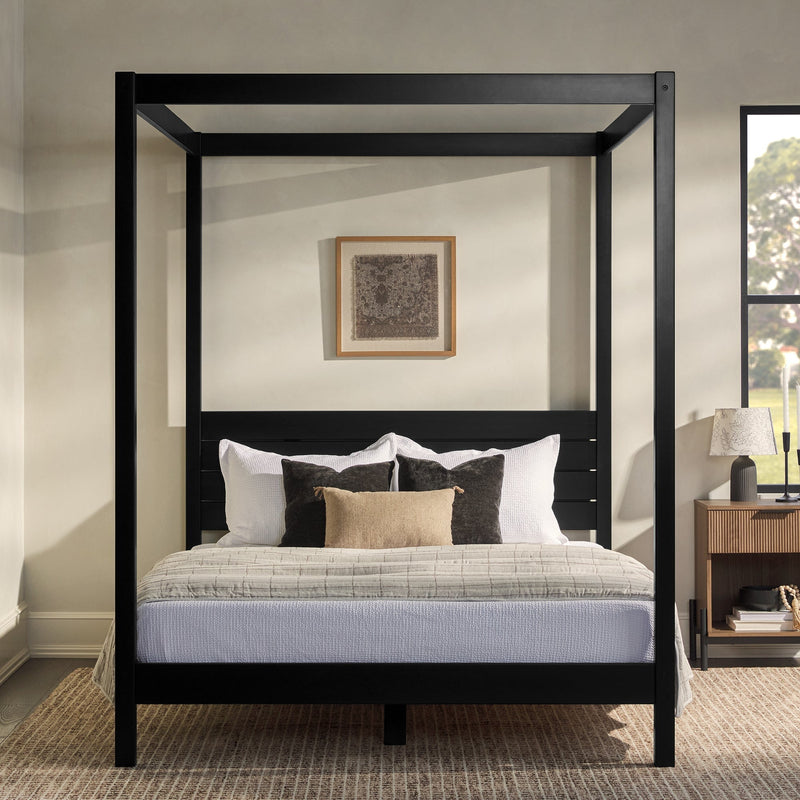 Walker Edison ISLB5CBL Minimalist Boho Canopy Bed with Simple Headboard - Black - Queen Size