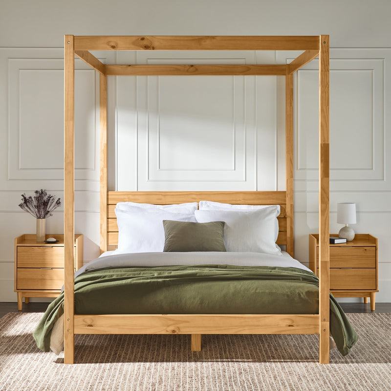 Walker Edison ISLB5CNP Minimalist Boho Canopy Bed with Simple Headboard - Natural Pine - Queen Size