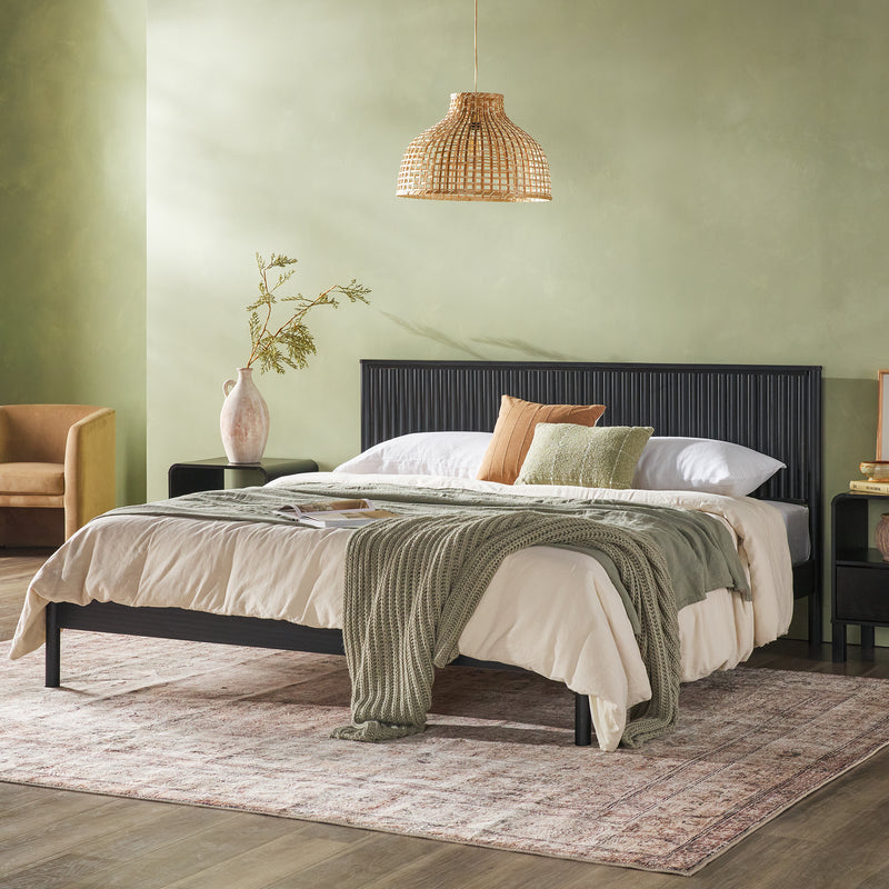 Walker Edison ORLB8BBL Contemporary Reeded Headboard Solid Wood King Bed - Black