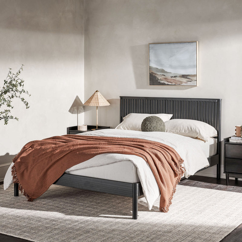Walker Edison ORLB5CBL Contemporary Reeded Headboard Solid Wood Queen Bed - Black