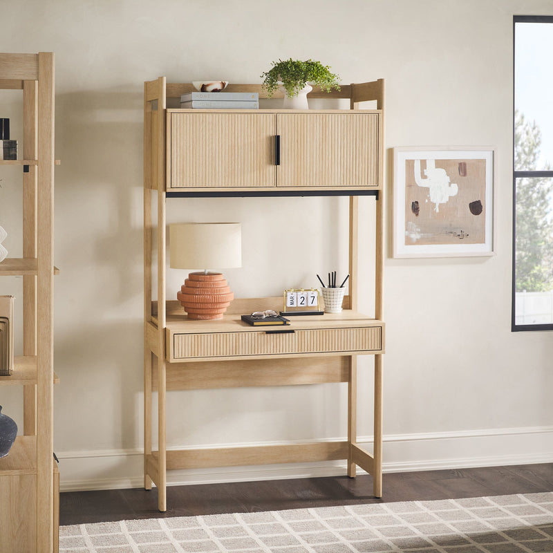 Walker Edison WEHOL42OS3CO0 Holmes Modern Writing Desk with Outlet & USB Port, Reeded Drawer & Hutch Storage - Coastal Oak