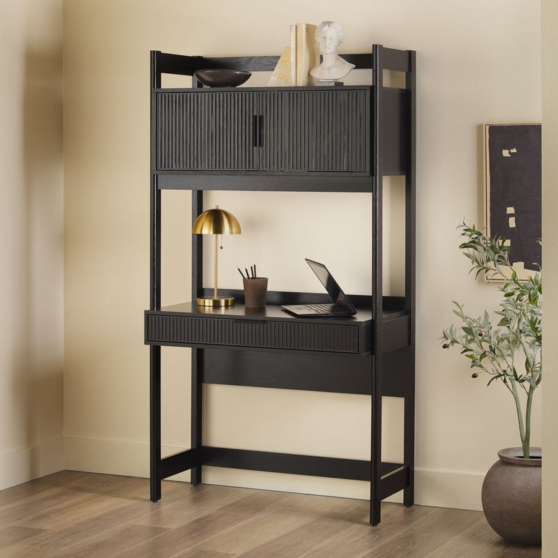 Walker Edison WEHOL42OS3BL0 Holmes Modern Writing Desk with Outlet & USB Port, Reeded Drawer & Hutch Storage - Black