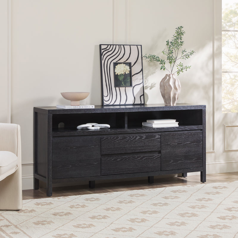 Walker Edison WENAS11653BL1 Modern Farmhouse Rustic Solid Oak Wood 65 in. Sideboard with Storage - Black