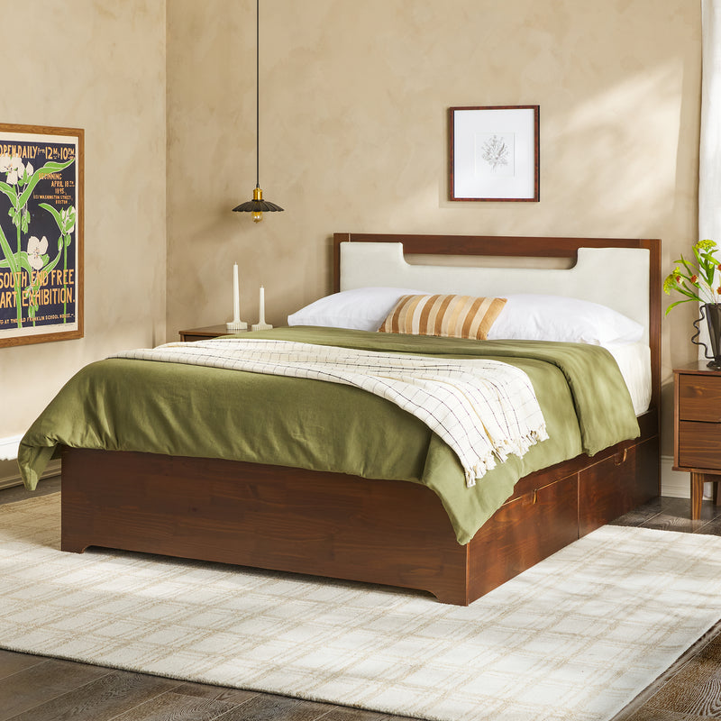 Walker Edison WESLN03QB4WT1 Mid Century Modern Queen Solid Wood 2 Drawer Storage Bed - Walnut