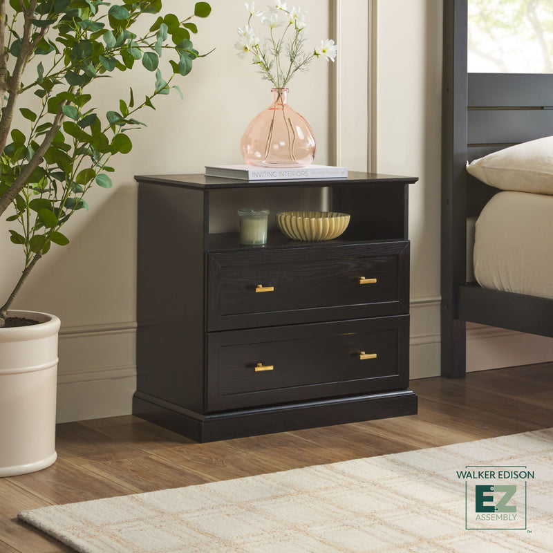 Walker Edison BR2DCLNSBL Modern Farmhouse Rustic 2-Drawer Nightstand with Open Shelf for Bedroom Storage - Black