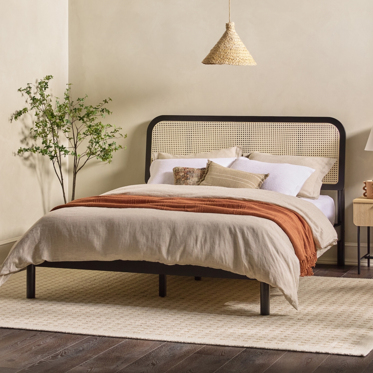 Picture of Walker Edison NRUB5CBL 45 x 64.75 x 84.38 in. Queen Size Platform Bed with Rattan Headboard Insert&#44; Black