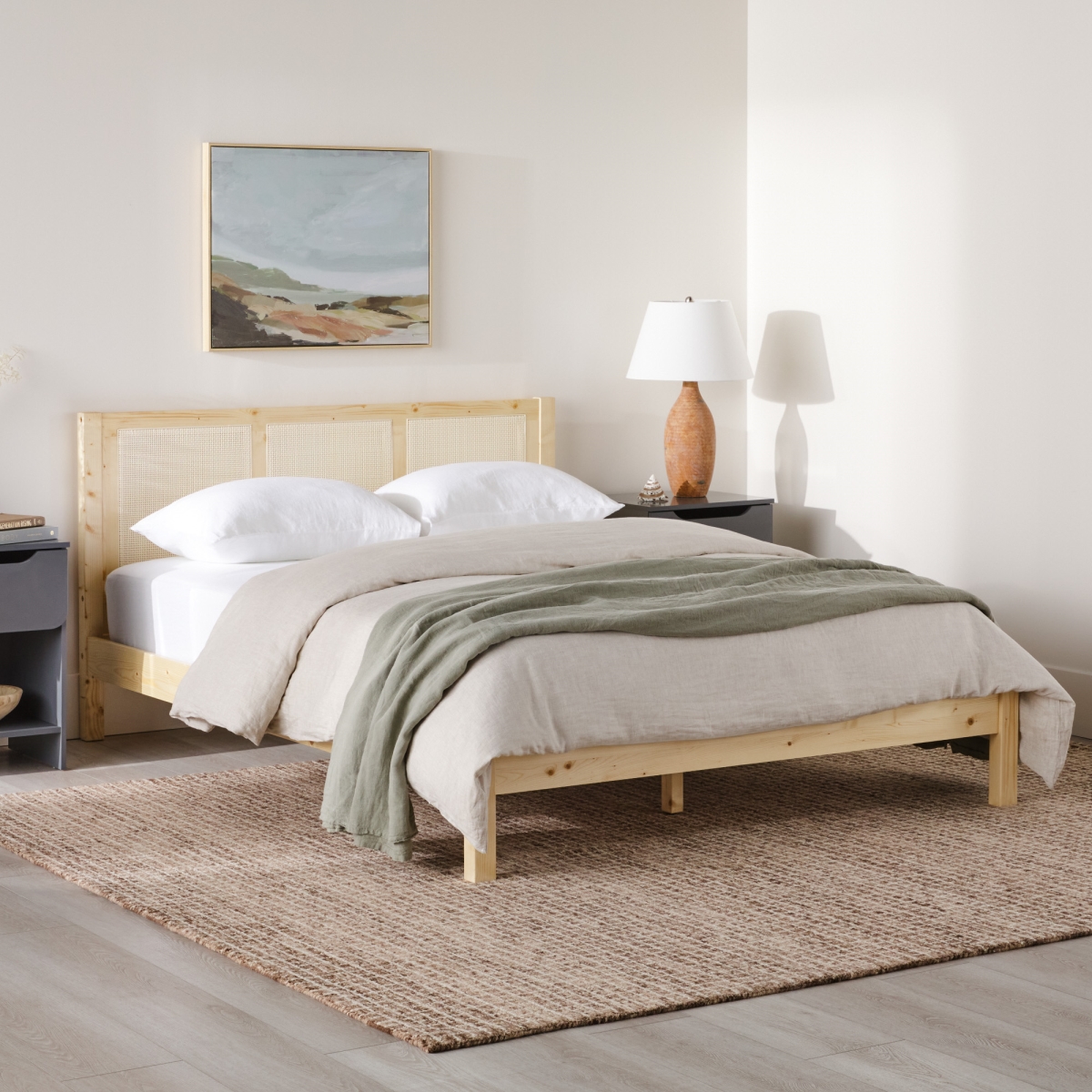 Picture of Walker Edison YASB5CNA 37 x 63.25 x 83.75 in. Solid Wood Rattan Paneled Platform Queen Size Bed&#44; Natural
