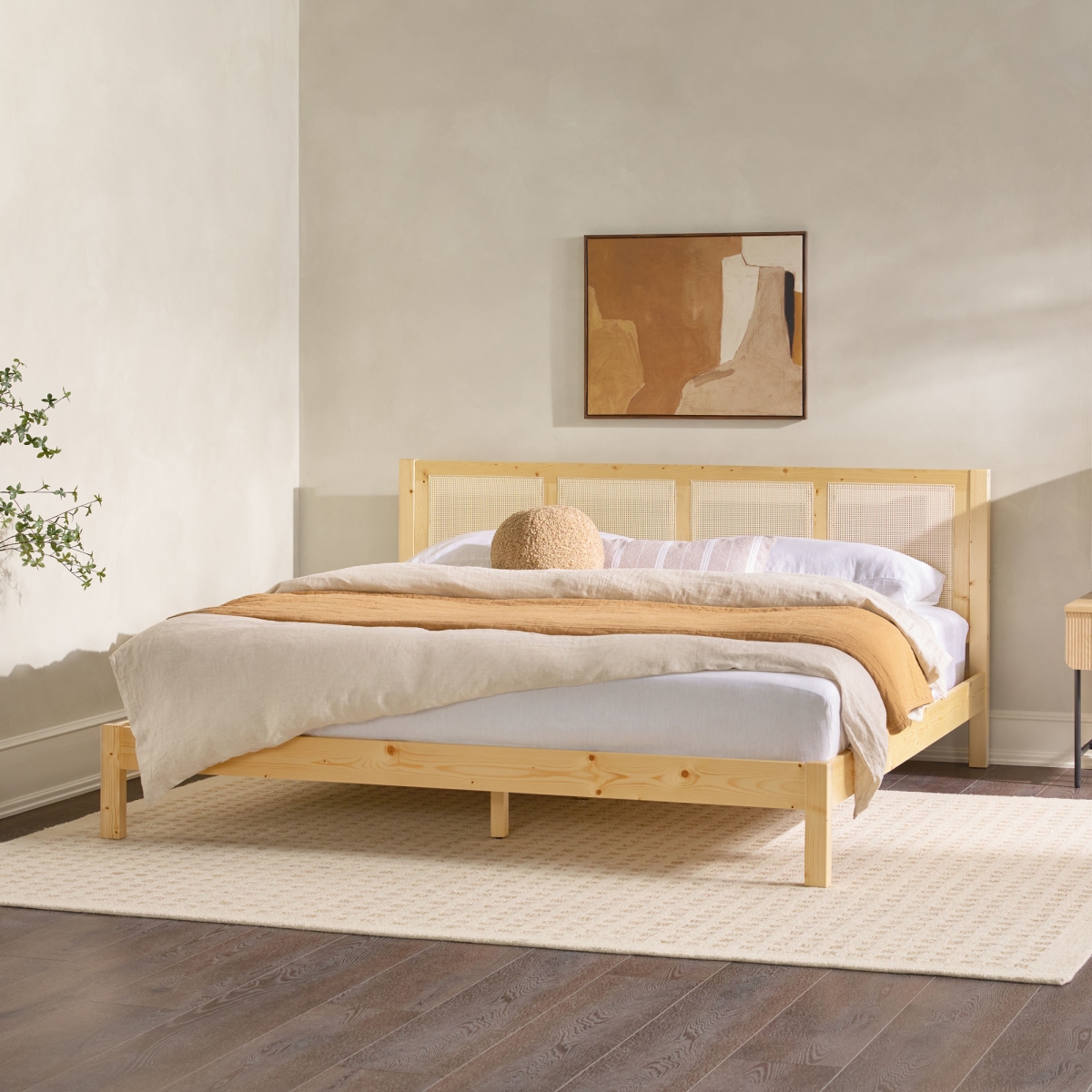 Picture of Walker Edison YASB8BNA 37 x 79.13 x 83.75 in. Solid Wood Rattan Paneled Platform King Size Bed&#44; Natural