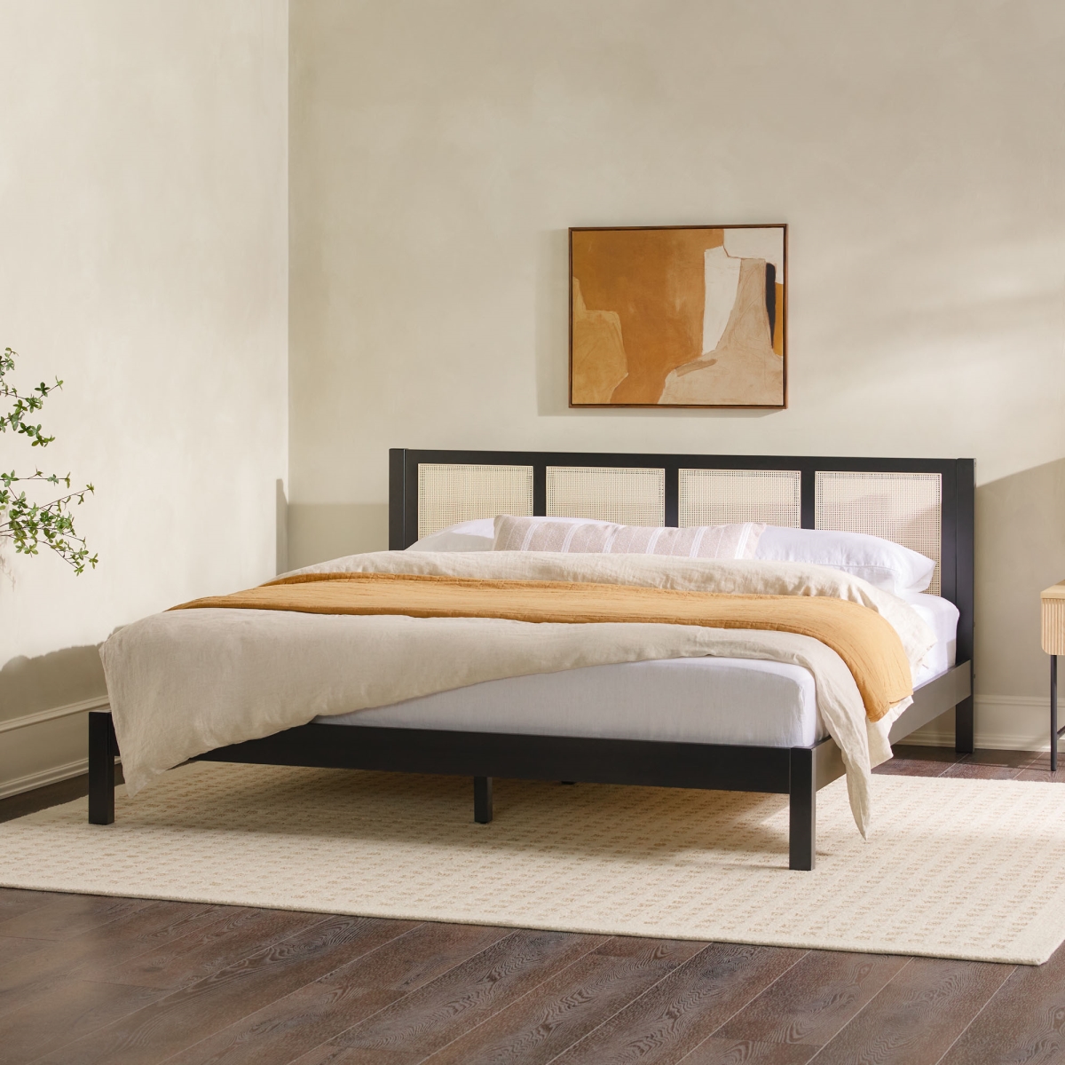 Picture of Walker Edison YASB8BBL 37 x 79.13 x 83.75 in. Solid Wood Rattan Paneled Platform King Size Bed&#44; Black
