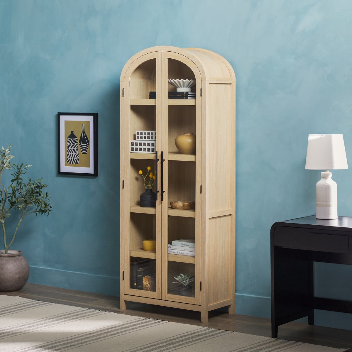 Walker Edison WECHA41OS3CO0 76 x 15 x 30 in. Chantelle Modern Arched Bookcase with Glass Doors, Coastal Oak