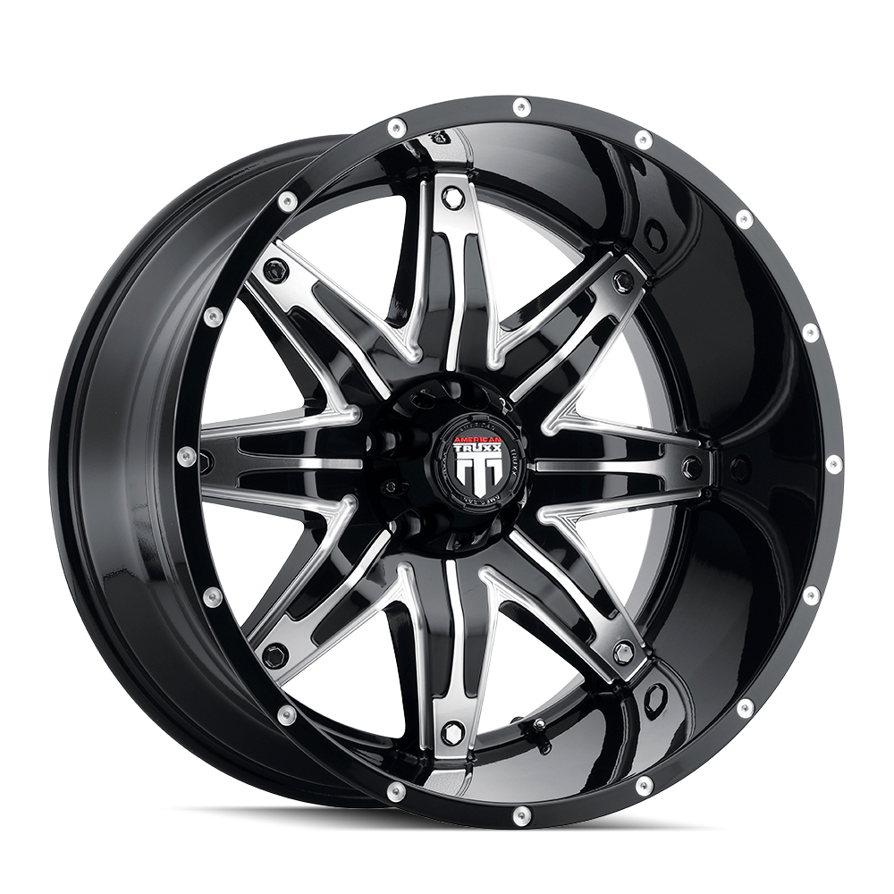 AT185-22250BM-44 Lonestar AT185 Gloss Black Machined Wheel - 22 x 12 in., 5-150 mm, -44 mm, 110.3 mm