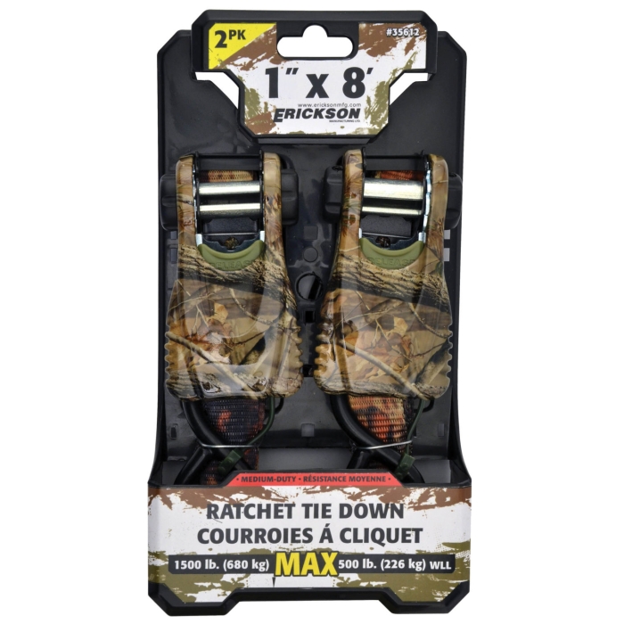 1 x 8 in. 1500 Camo Ratchet Tie Down with Cap Locks - Pack of 2